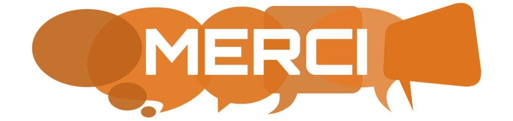 Une illustration colorée avec le mot “Merci” écrit en lettres stylisées et entouré de fleurs et de feuilles.